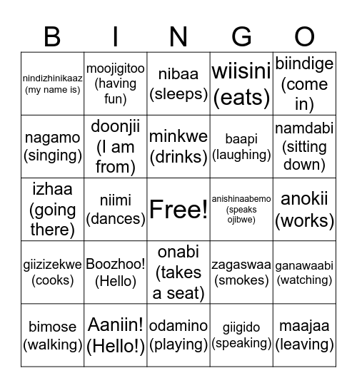 Anishinaabe Bingo (Verbs) Bingo Card