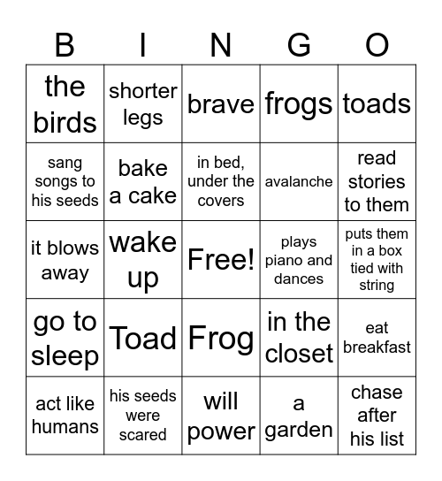 Frog and Toad Bingo #2 Bingo Card