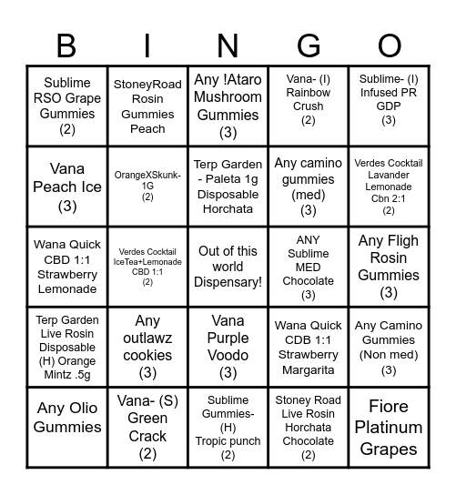 Bud Tender Bingo Card