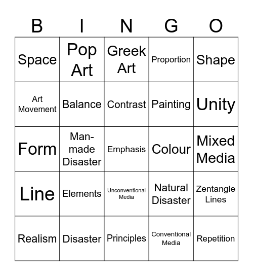Visual Arts Revision Bingo Card