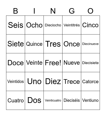 Numeros Bingo Card