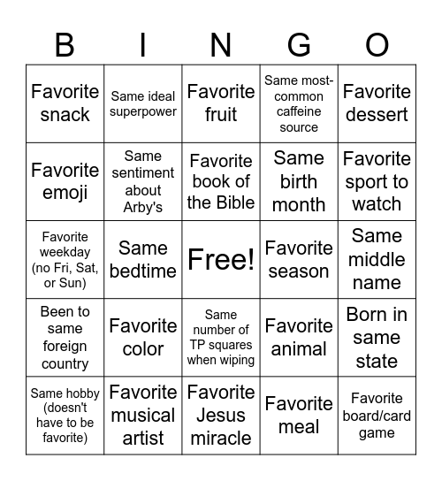 Fun Group Bingo Card