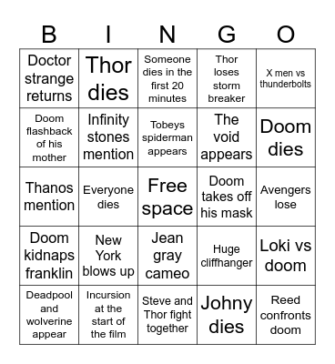 Avengers doomsday Bingo Card
