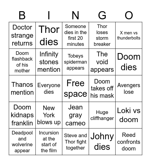 Avengers doomsday Bingo Card