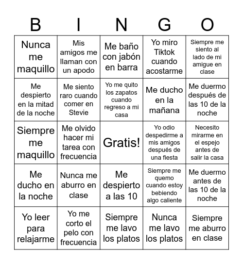 hisp 202 verbos reflexivos Bingo Card