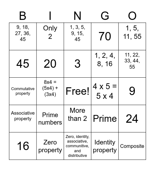 Mixed Math Bingo #1 Bingo Card