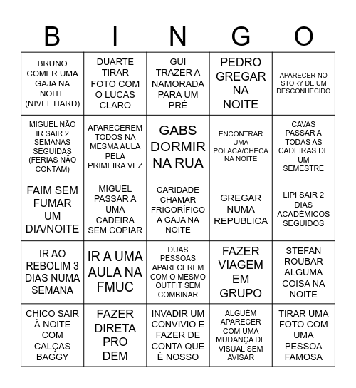 BINGO KNEE GAS Bingo Card