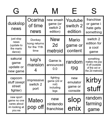 Nintendo direct Bingo Card