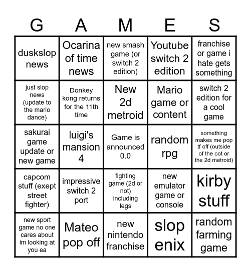 Nintendo direct Bingo Card
