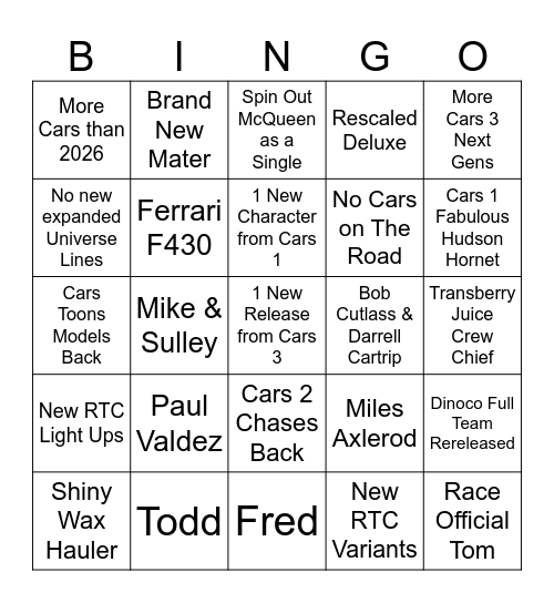 PIXAR CARS DIECAST 2027 LINE Bingo Card