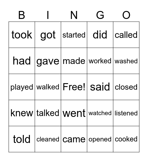 ESL 2- Past Tense Verbs Bingo Card