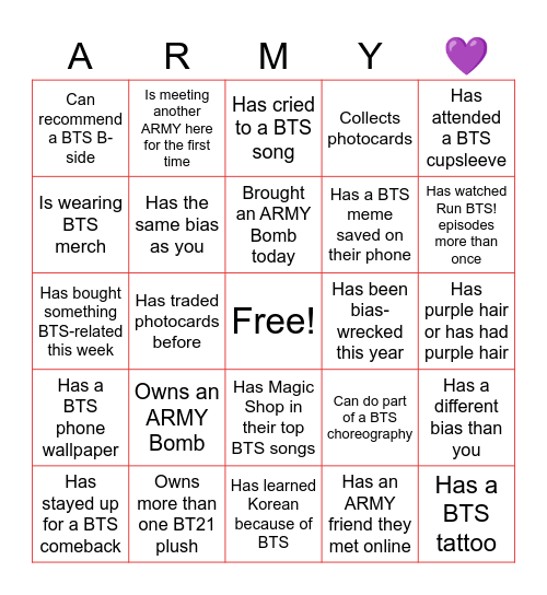 ARMY Bingo Card