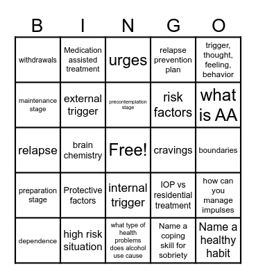 Alcohol use Bingo Card