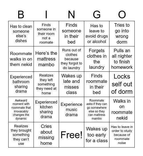Freshman year Bingo Card