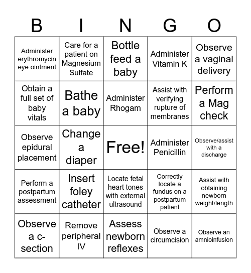 OB Clinical Bingo Card