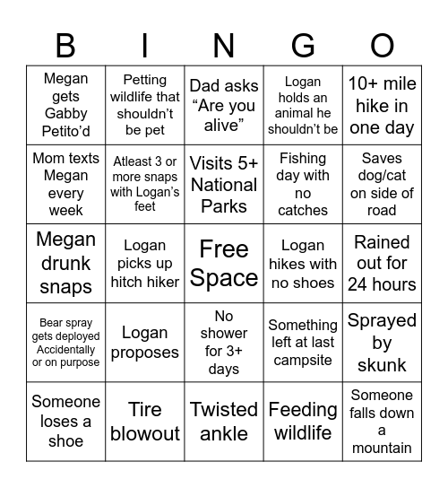 Megan’s Roadtrip Out West Bingo Card
