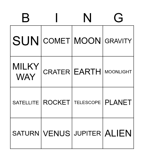 SPACE TRAVELER Bingo Card