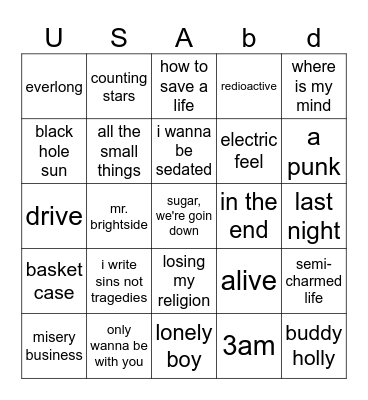 American Bands Bingo Card