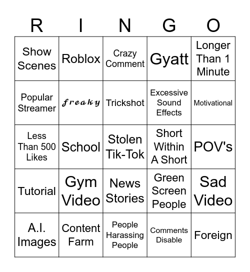 Youtube Shorts RINGOS Board Bingo Card