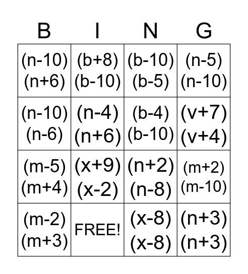 Factoring Trinomials Bingo! Bingo Card