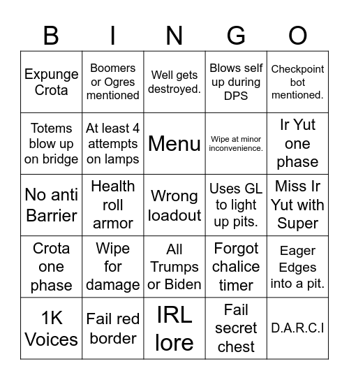 Crota's End Bingo Card