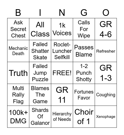 Destiny 2 Lfg Bingo Card