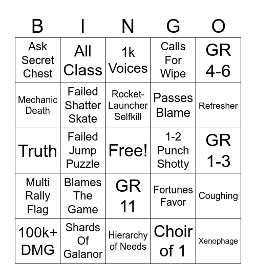Destiny 2 Lfg Bingo Card
