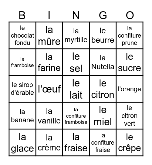Crêpe Ingredients Bingo Card