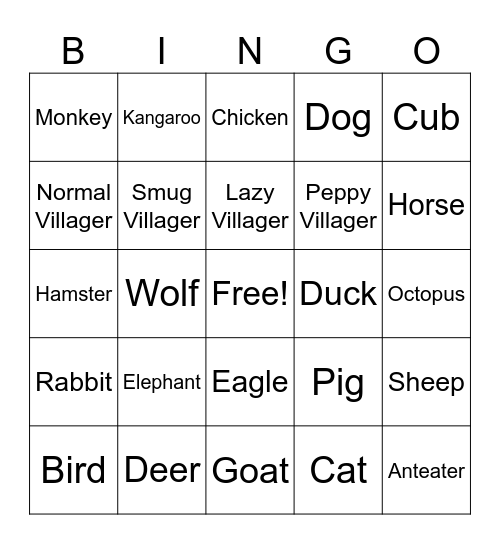 ACNH Villager Species/Personality Bingo Card