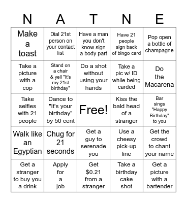Natane's 21st Birthday Bingo Card