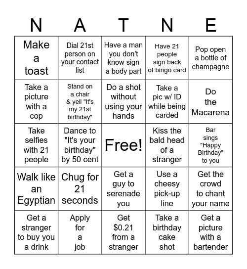 Natane's 21st Birthday Bingo Card