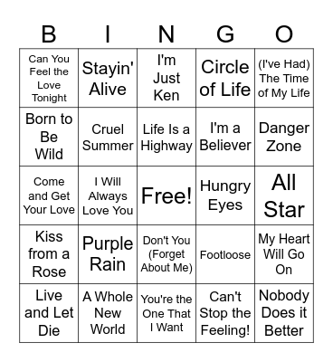 Movie Songs Bingo Card
