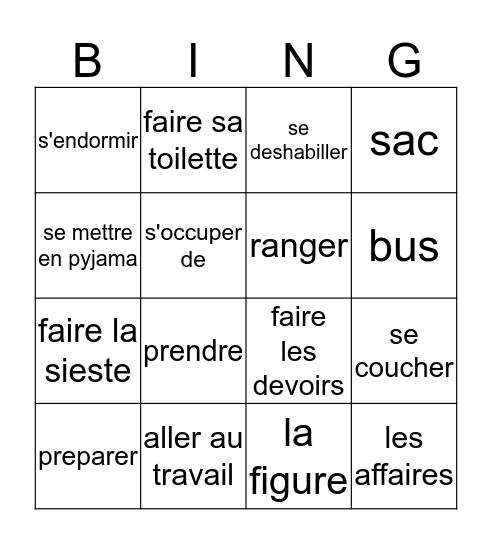 French Two, Chapter 5, Vocab2 Bingo Card