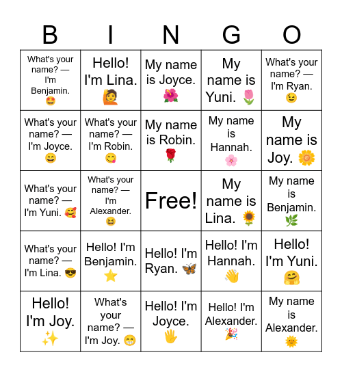 2A Names Bingo Card