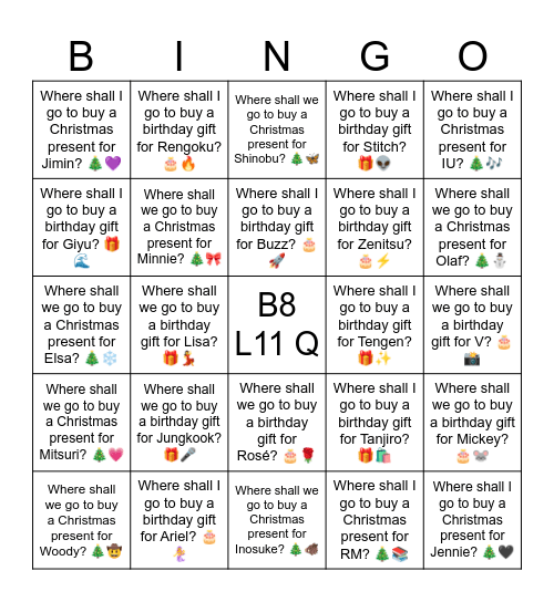 B8 L11 Q Where shall we go to buy a birthday gift for V? 🎂📸 Bingo Card