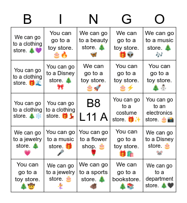 B8 L11 A We can go to a bookstore. 🎄📚 Bingo Card