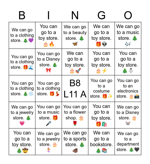 B8 L11 A We can go to a bookstore. 🎄📚 Bingo Card