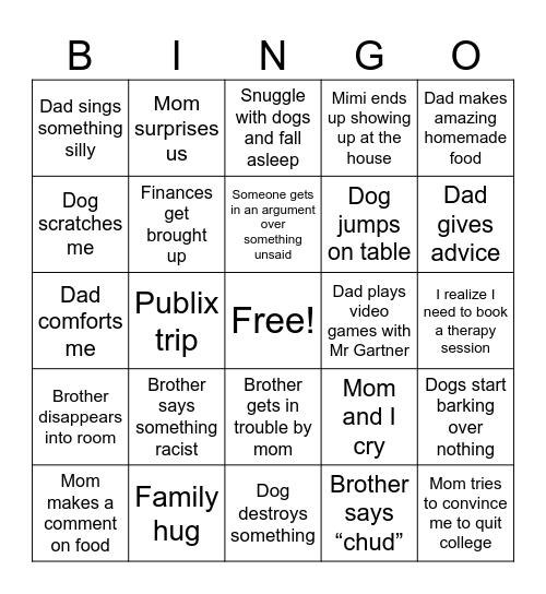 Back home Bingo Card