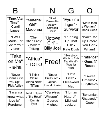 Musical Bingo - 80s Bingo Card