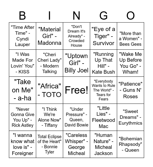 Musical Bingo - 80s Bingo Card