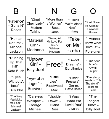 Musical Bingo - 80s Bingo Card