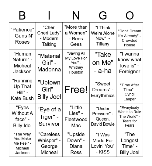 Musical Bingo - 80s Bingo Card