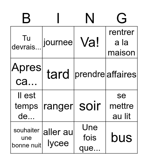Francais 2, Chapitre 5, Vocab. 2 Bingo Card