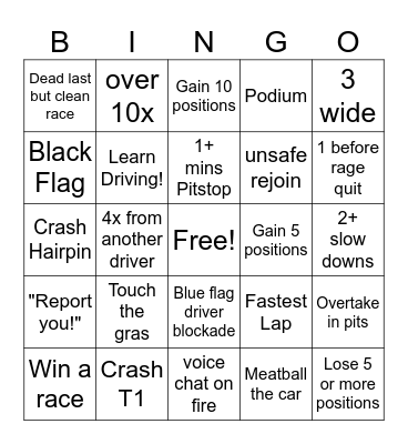 iRacing Suzuka Bingo Card