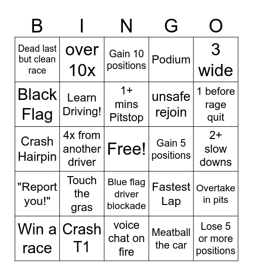 iRacing Suzuka Bingo Card