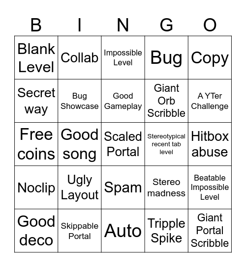 Recent Tab Bingo (Geometry Dash) Bingo Card