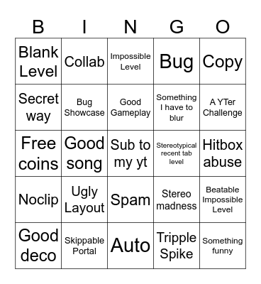 Recent Tab Bingo (Geometry Dash) Bingo Card