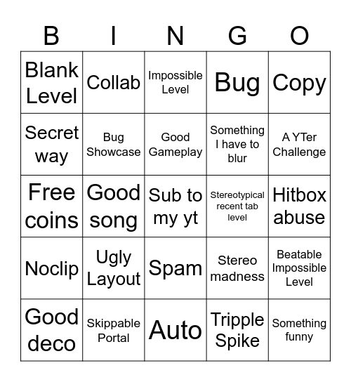 Recent Tab Bingo (Geometry Dash) Bingo Card
