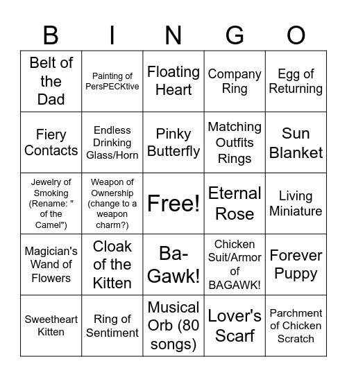 Carnival Item Bingo Card