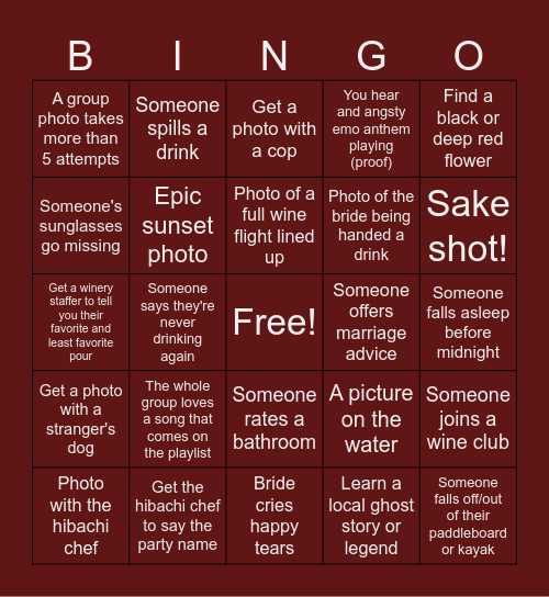 Simona's bachelorette weekend bingo Card